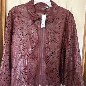 Chico's Laser-Cut Faux Leather Jacket in Deep Burgundy XL 3